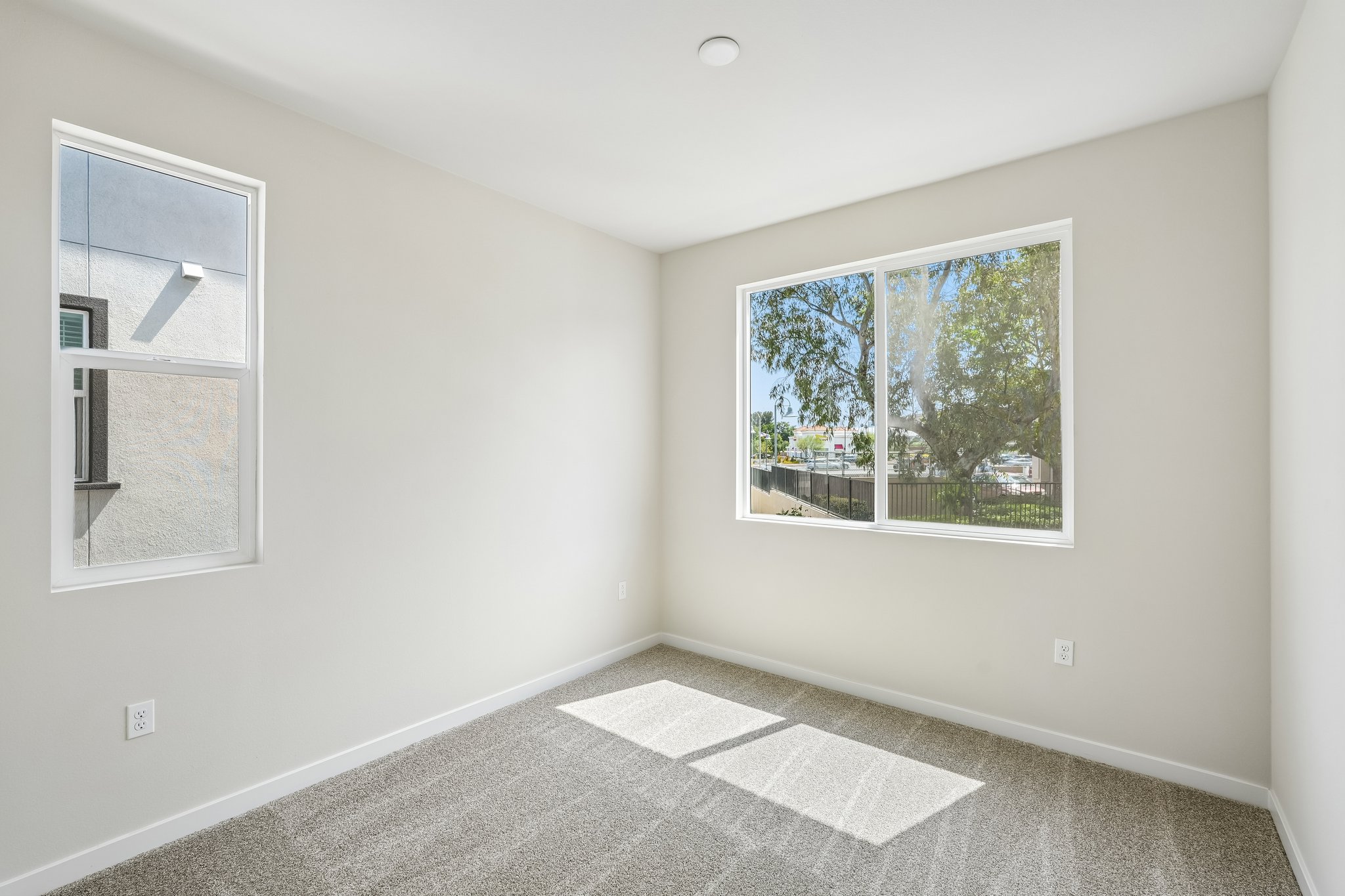 A room with a window and a rug.