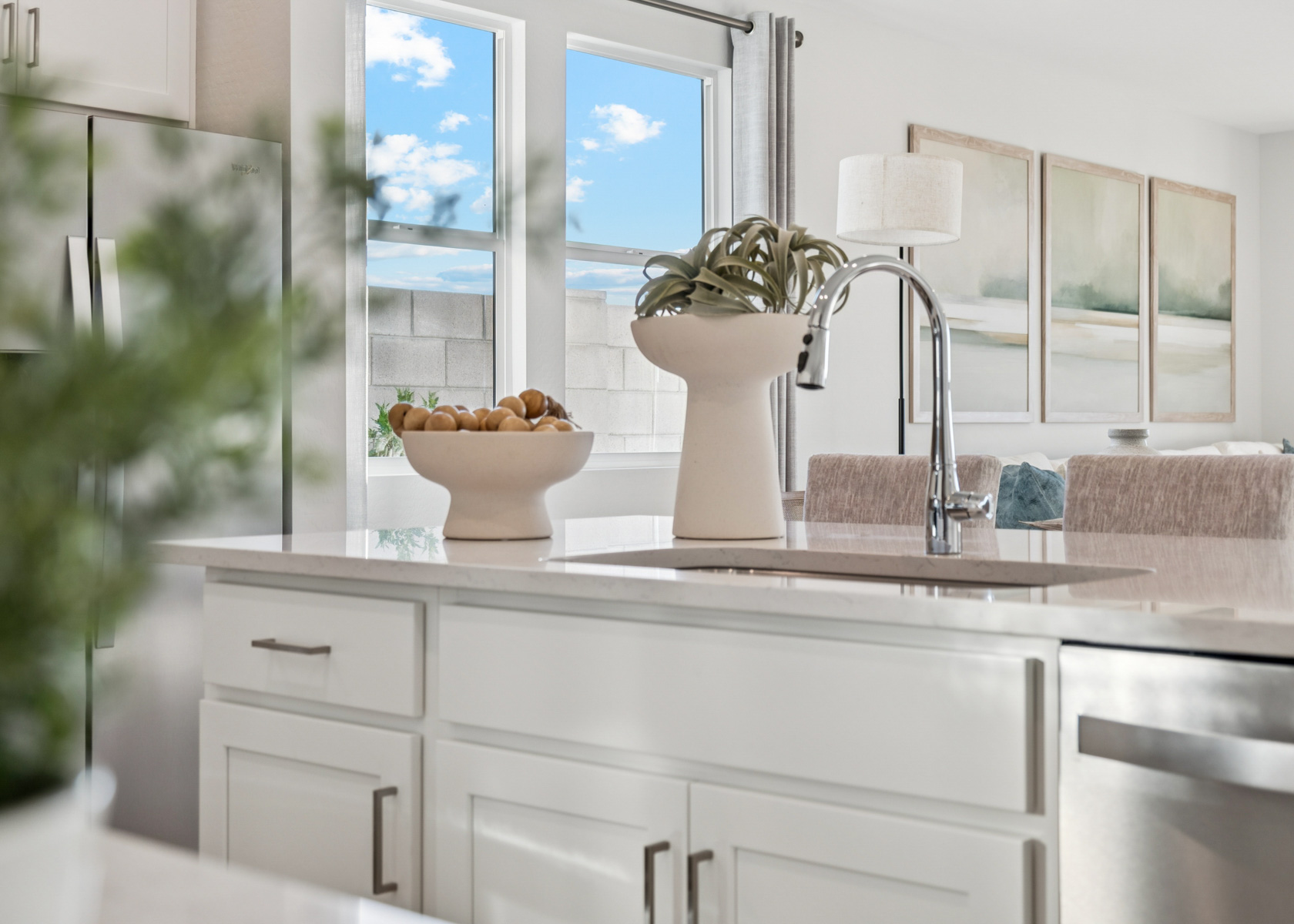 A kitchen with a sink and a plant.