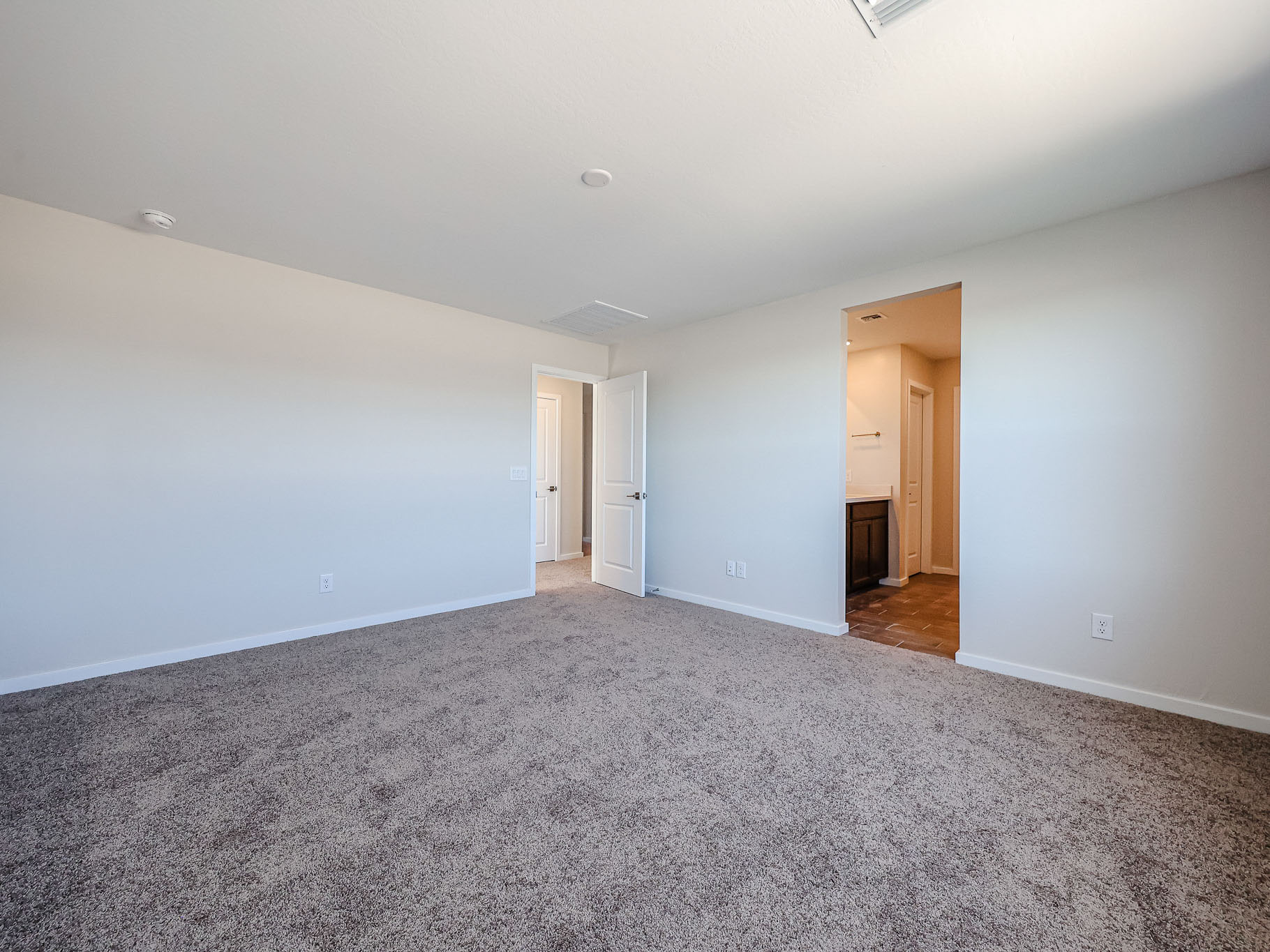 A room with carpet and doors.
