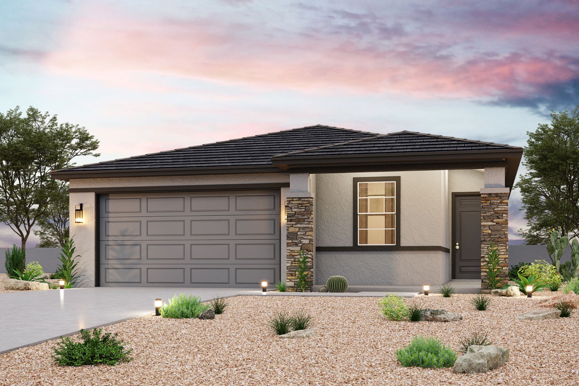 A house with a gravel driveway.