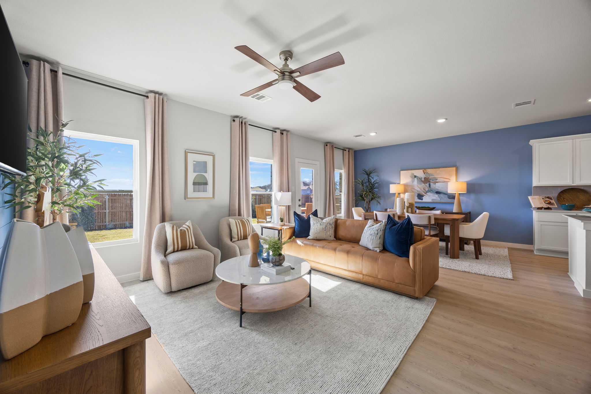 A living room with a large window.