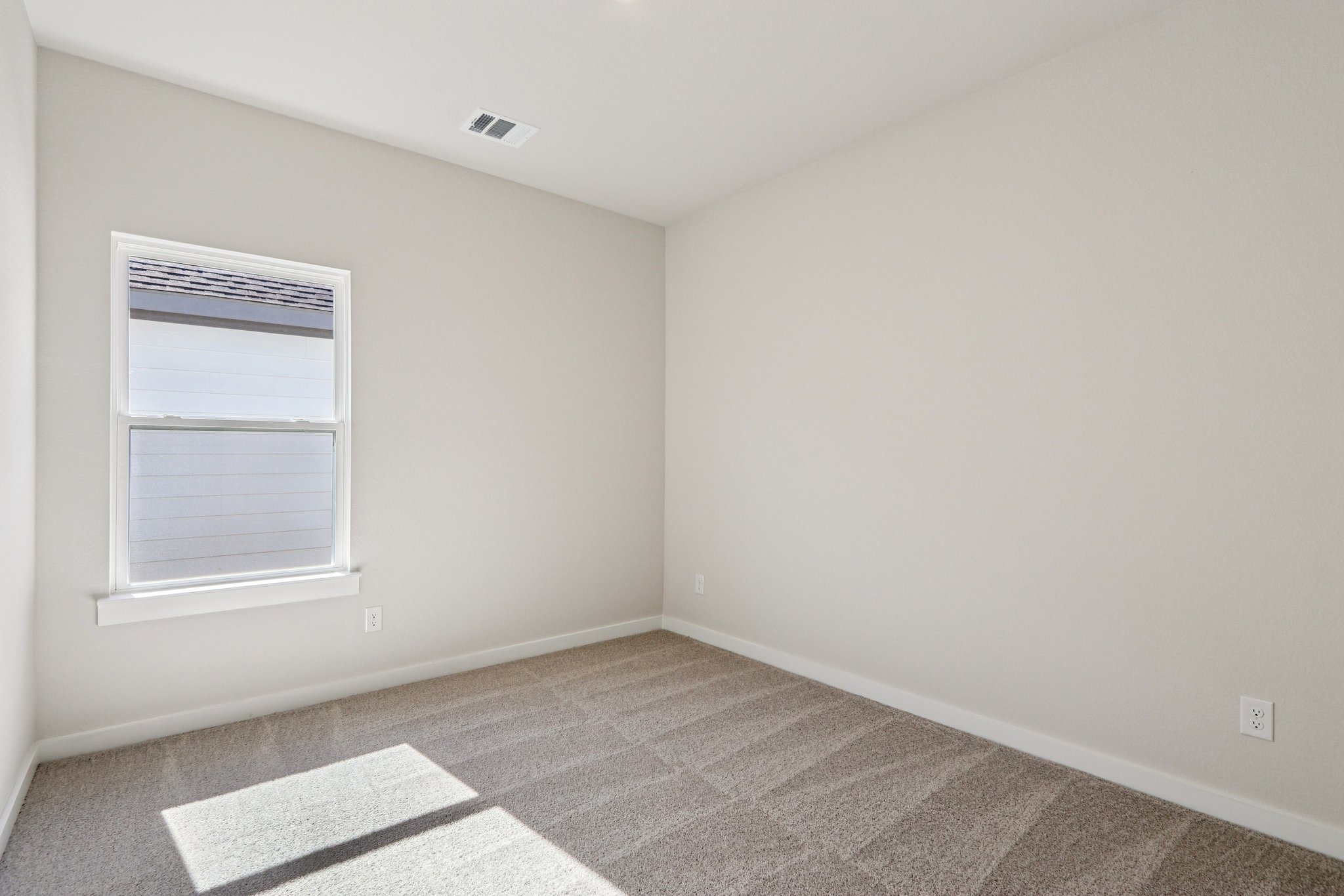 A room with a window and a rug.