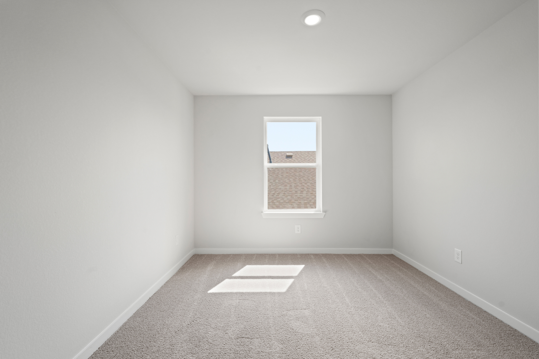 A room with a window and a rug.