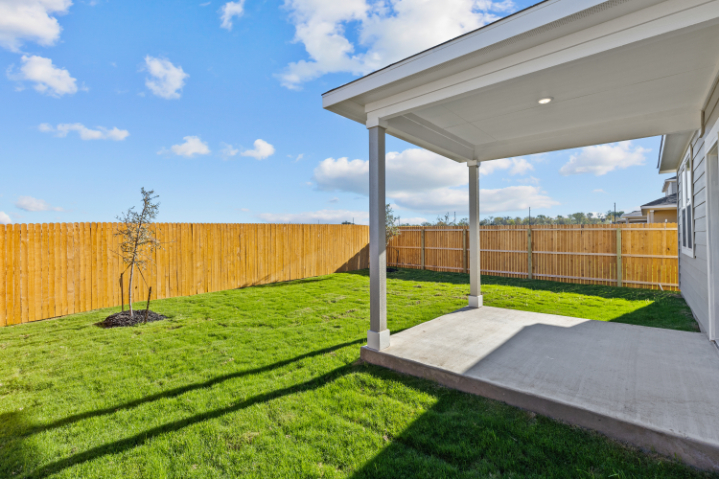 A backyard with a fence and a tree.