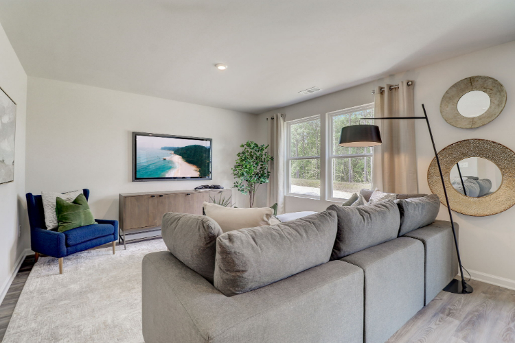 A living room with a couch and a tv.
