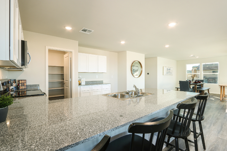 A kitchen with a marble countertop.