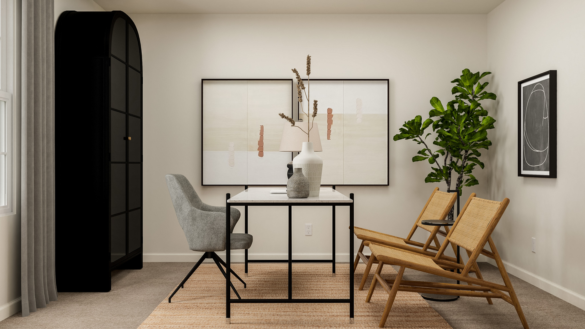 A room with a table chairs and a plant.