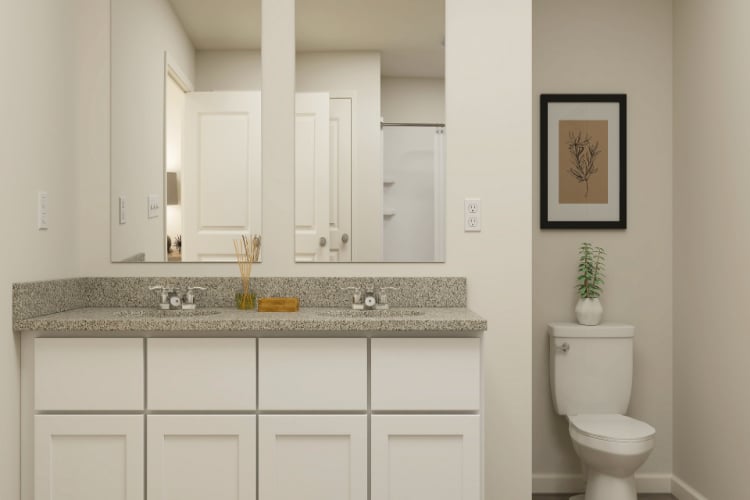 A bathroom with a marble countertop.